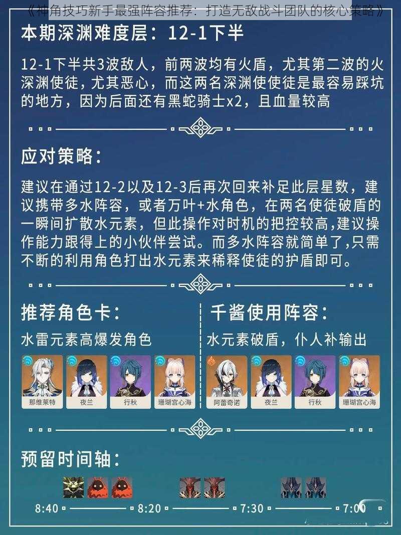 《神角技巧新手最强阵容推荐：打造无敌战斗团队的核心策略》